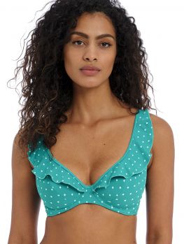 top bikini con aros y volante color verde mar