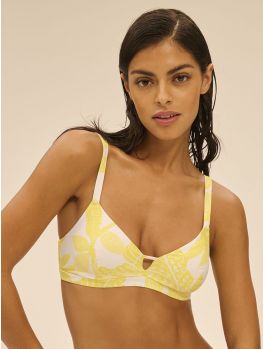 top bikini triangulo con aros y sin relleno, estampado amarillo