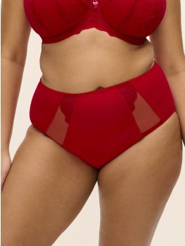Vista frontal de la braga alta Elomi Brianna roja sobre modelo
