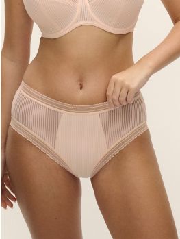 Braga bikini Fantasie Fusion FL3095 rosa blush, de talle medio, con tejido jacquard de rayas, sobre modelo