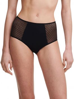 Braga alta negra Norah Chic con paneles de encaje gráfico moderno en caderas. Vista frontal sobre modelo