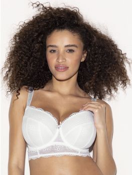 Bralette Freya Posie Longline en blanco, sobre modelo, vista frontal mostrando forma y ajuste.