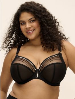 Sujetador con aros Elomi Matilda Plunge negro en modelo, vista frontal sobre modelo con escote profundo y forma natural del pecho. 