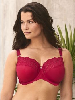 sujetador gran capacidad color rojo, sin relleno y con aros, vista frontal en foto de catálogo