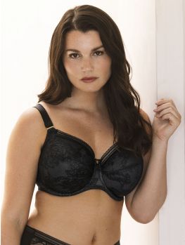 Sujetador Fantasie Fusion Lace Side negro con aros y copas de encaje, visto de frente sobre modelo.