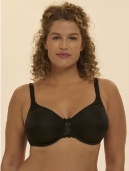 Modelo con sujetador reductor Simone Perele Andora en color negro, vista frontal mostrando soporte y forma elegante.