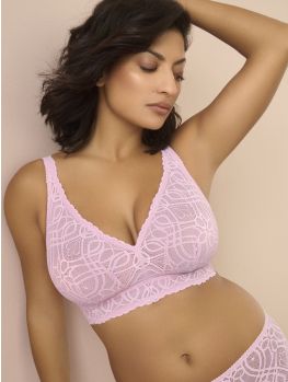 sujetador sin aros de encaje, estilo bralette. Color rosa