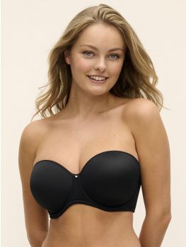 Sujetador sin tirantes Fantasie Aura Moulded negro con aros y copas moldeadas, visto de frente sobre modelo.
