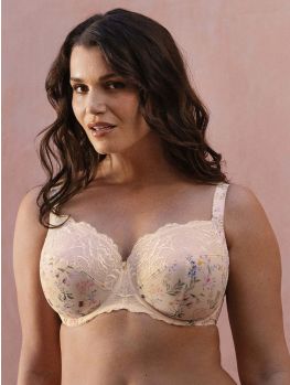 sujetador gran capacidad con aros y sin relleno. Estampado floral sobre fondo crema