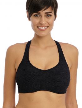 Top bikini bralette con aros y tirantes cruzados, color negro.