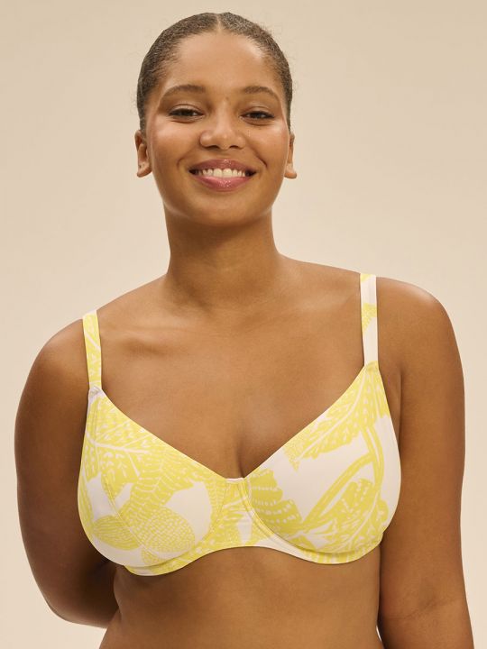top bikini capacidad, estampado amarillo y blanco