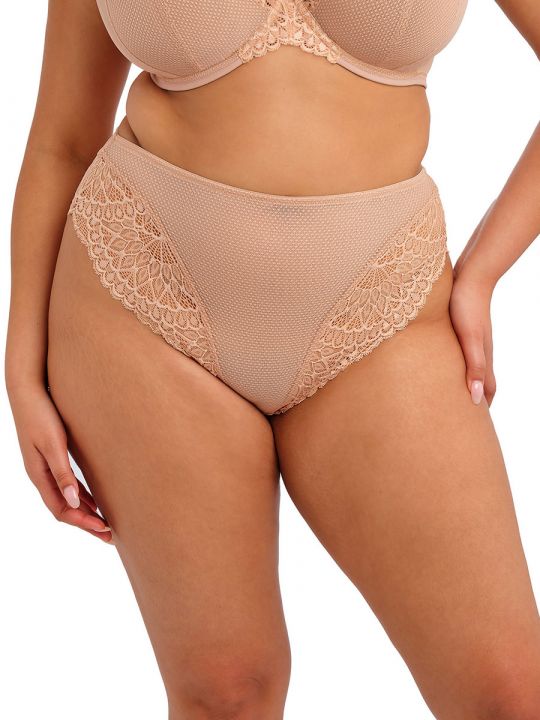 Braga alta Elomi Tiernie color sahara, vista frontal en modelo