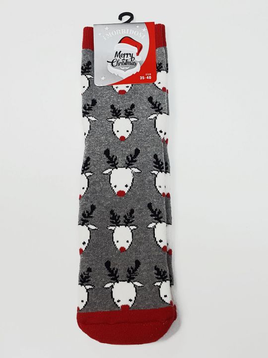 Calcetines navideños grises, con renos en blanco