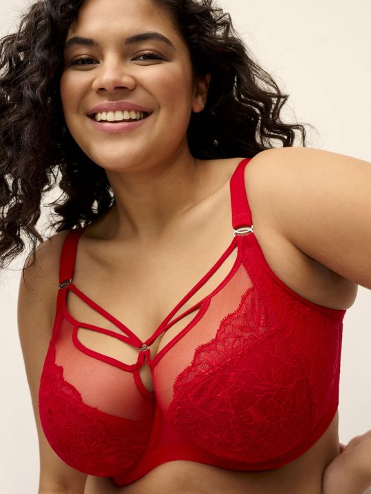 Vista frontal del sujetador plunge Elomi Brianna rojo sobre modelo
