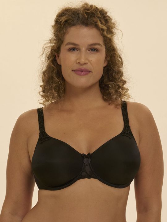 Modelo con sujetador reductor Simone Perele Andora en color negro, vista frontal mostrando soporte y forma elegante.