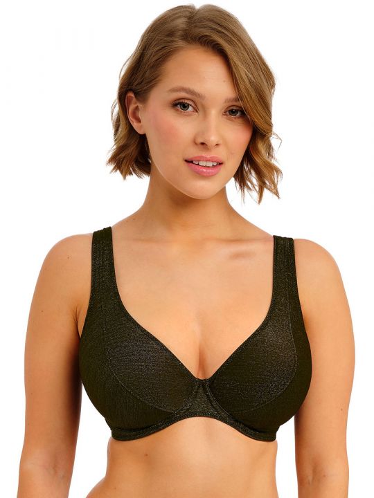 Top de bikini High Apex Freya Swim Arizona Wave Nebula en modelo, vista frontal, negro con ligero brillo y escote profundo