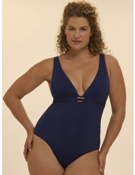 Modelo con bañador sin aros Simone Pérèle Magnetic Navy, vista frontal.