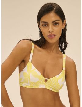 top bikini triangulo con aros y sin relleno, estampado amarillo
