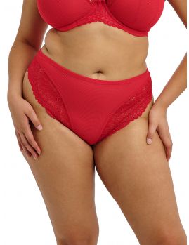 Braga alta Elomi Tiernie roja, vista frontal en modelo plus size.