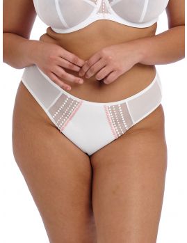 Braga Elomi Matilda blanca en modelo, vista frontal con paneles de tul bordado y ajuste cómodo.