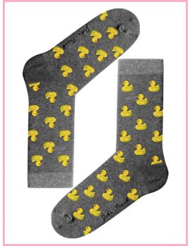 Calcetines de mujer divertidos, gris con estampado de patitos amarillos