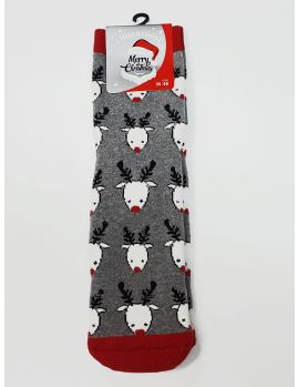 Calcetines navideños grises, con renos en blanco