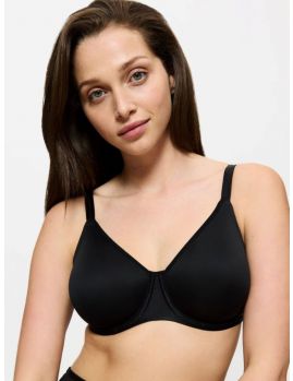 Sujetador reductor con aros Triumph Urban Minimizer W X en color negro, visto de frente sobre modelo
