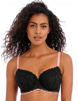 sujetador balconet de encaje con relleno. Color negro con detalles en rosa