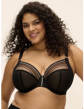 Sujetador con aros Elomi Matilda Plunge negro en modelo, vista frontal sobre modelo con escote profundo y forma natural del pecho. 