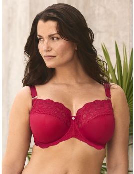 sujetador gran capacidad color rojo, sin relleno y con aros, vista frontal en foto de catálogo