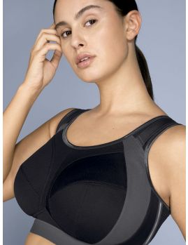 sujetador deportivo alto impacto talla grande. Color negro/gris