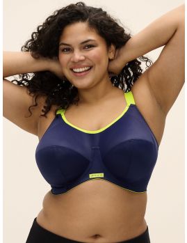 Sujetador deportivo Elomi Energise EL8041 con aros, vista frontal sobre modelo en color navy