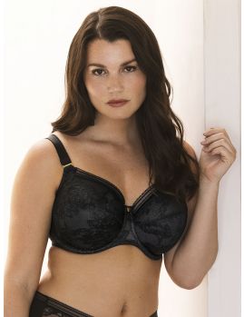 Sujetador Fantasie Fusion Lace Side negro con aros y copas de encaje, visto de frente sobre modelo.