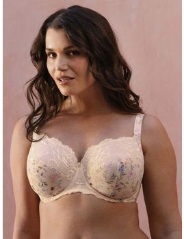 sujetador gran capacidad con aros y sin relleno. Estampado floral sobre fondo crema
