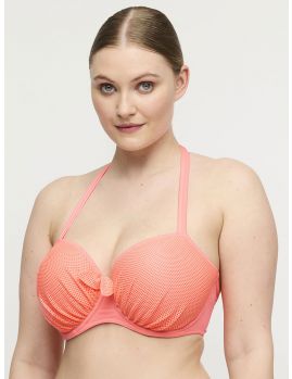 Vista frontal en modelo con bikini balconet preformado Rivas PrimaDonna Swim, con tirantets halter