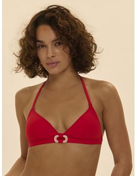 Modelo con bikini triángulo sin aros Simone Pérèle Magnetic Rojo, vista frontal.